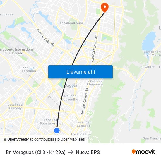 Br. Veraguas (Cl 3 - Kr 29a) to Nueva EPS map