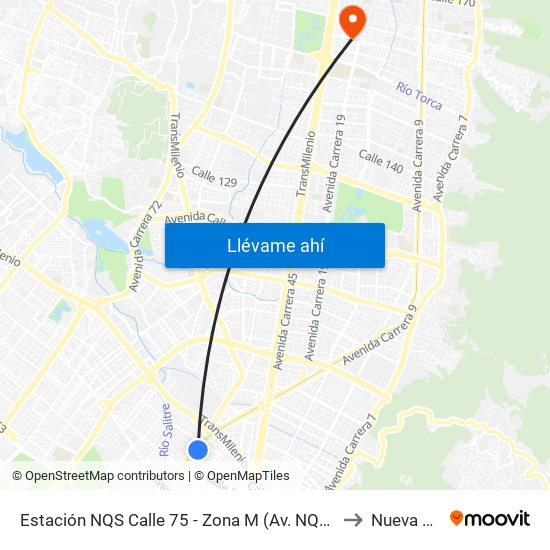 Estación NQS Calle 75 - Zona M (Av. NQS - Cl 75) to Nueva EPS map