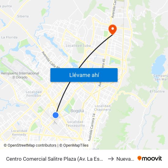 Centro Comercial Salitre Plaza (Av. La Esperanza - Kr 68a) to Nueva EPS map