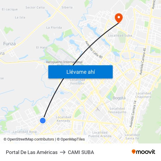 Portal De Las Américas to CAMI SUBA map