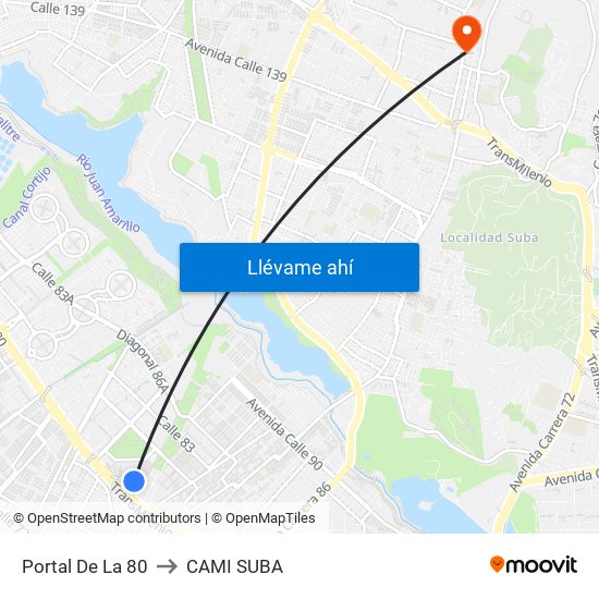 Portal De La 80 to CAMI SUBA map