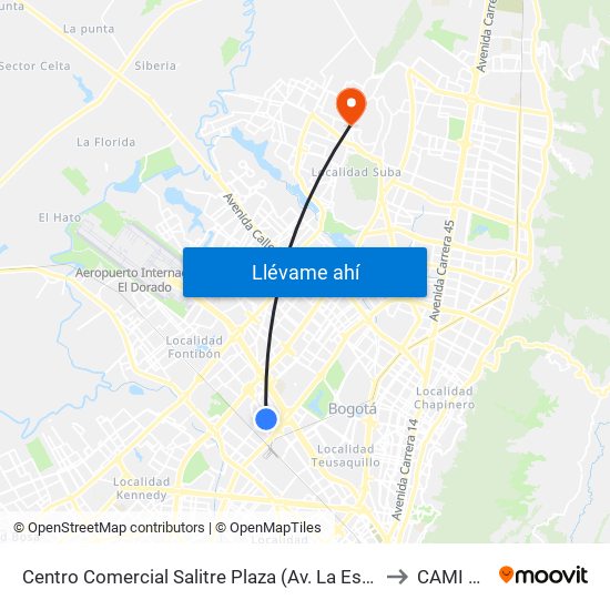 Centro Comercial Salitre Plaza (Av. La Esperanza - Kr 68b) to CAMI SUBA map