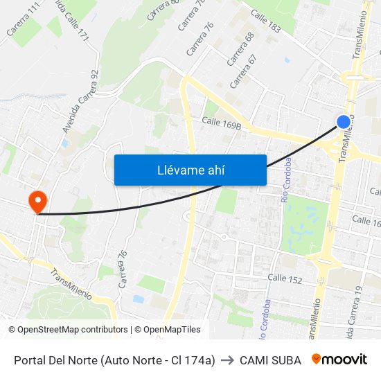 Portal Del Norte (Auto Norte - Cl 174a) to CAMI SUBA map