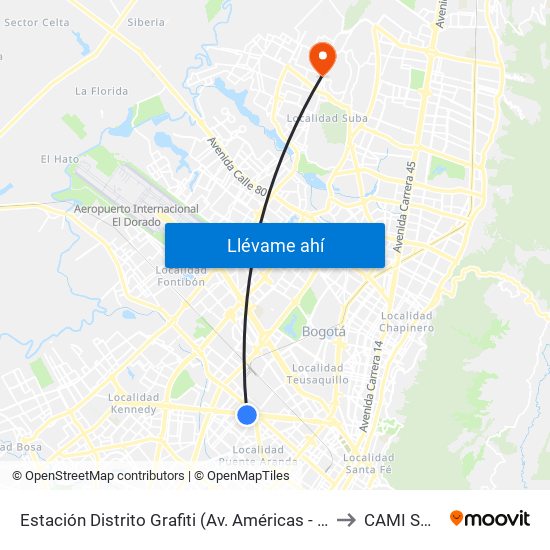 Estación Distrito Grafiti (Av. Américas - Kr 53a) to CAMI SUBA map