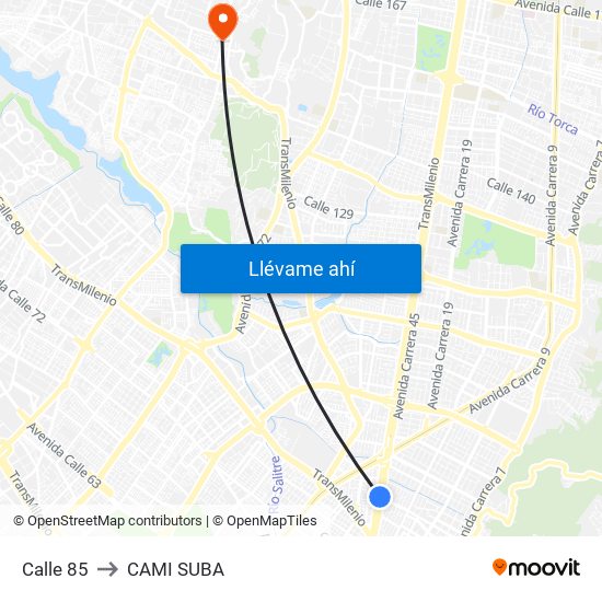 Calle 85 to CAMI SUBA map