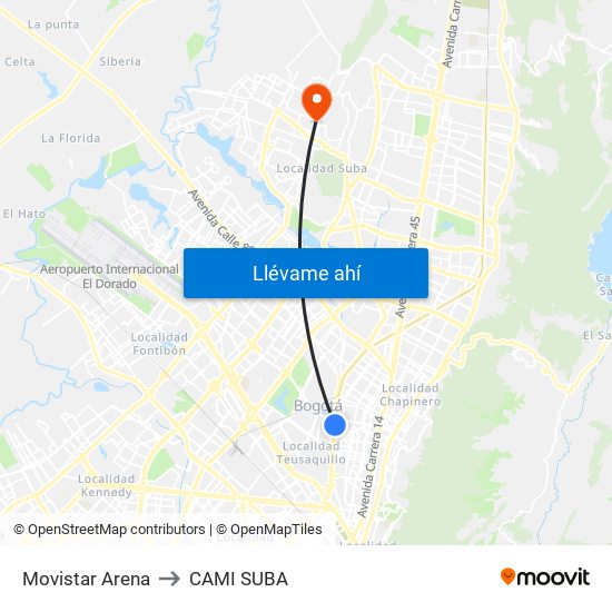 Movistar Arena to CAMI SUBA map