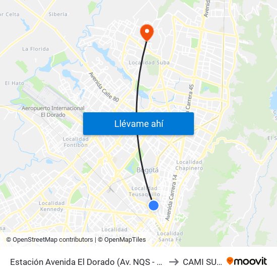 Estación Avenida El Dorado (Av. NQS - Cl 40a) to CAMI SUBA map