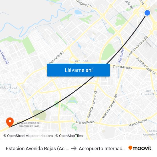 Estación Avenida Rojas (Ac 26 - Kr 69d Bis) (B) to Aeropuerto Internacional El Dorado map