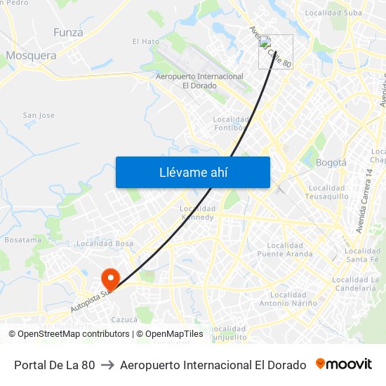 Portal De La 80 to Aeropuerto Internacional El Dorado map