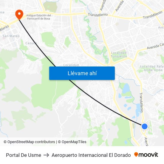 Portal De Usme to Aeropuerto Internacional El Dorado map