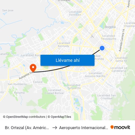 Br. Ortezal (Av. Américas - Tv 39) to Aeropuerto Internacional El Dorado map