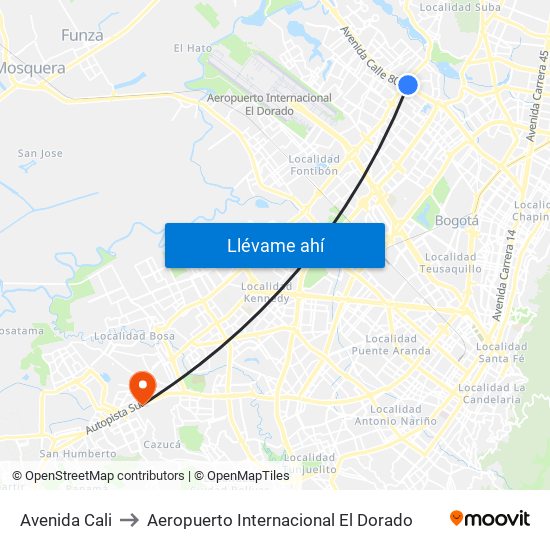 Avenida Cali to Aeropuerto Internacional El Dorado map