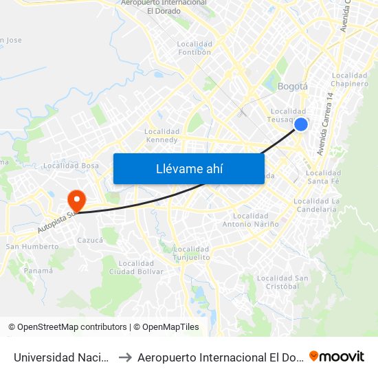 Universidad Nacional to Aeropuerto Internacional El Dorado map