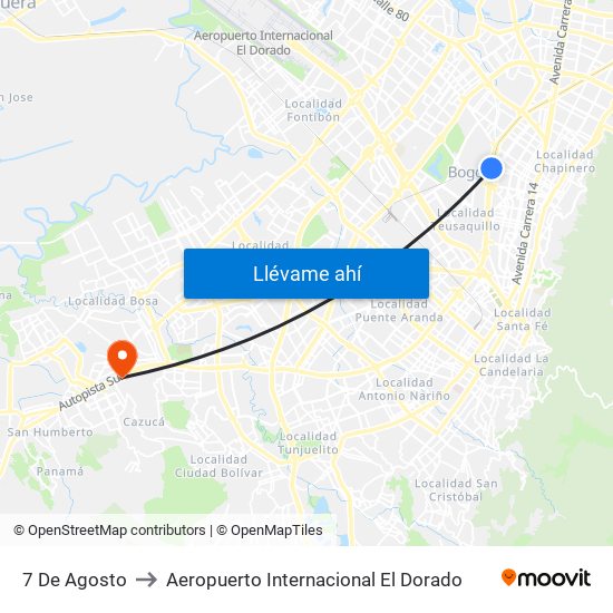 7 De Agosto to Aeropuerto Internacional El Dorado map