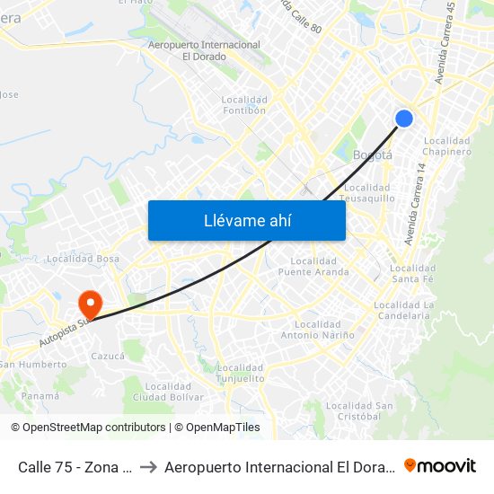 Calle 75 - Zona M to Aeropuerto Internacional El Dorado map