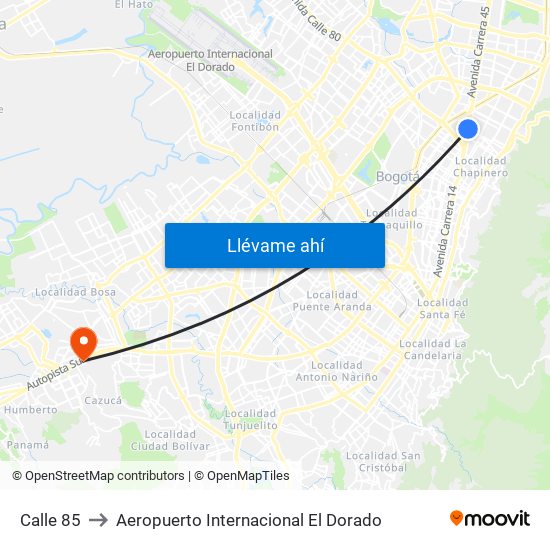 Calle 85 to Aeropuerto Internacional El Dorado map