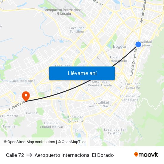Calle 72 to Aeropuerto Internacional El Dorado map