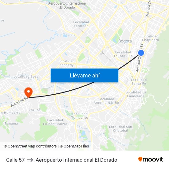 Calle 57 to Aeropuerto Internacional El Dorado map