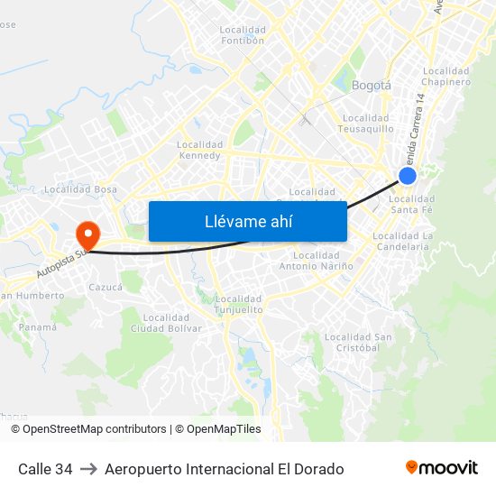 Calle 34 to Aeropuerto Internacional El Dorado map