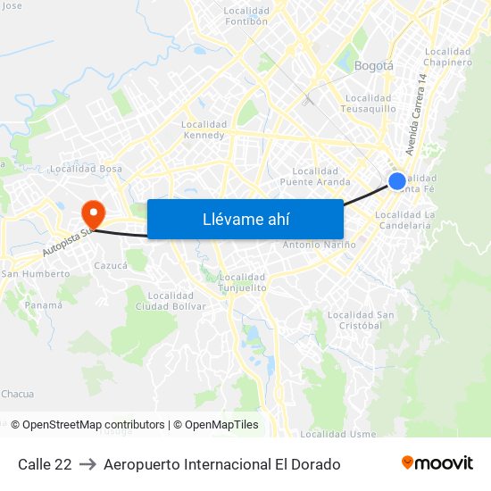 Calle 22 to Aeropuerto Internacional El Dorado map