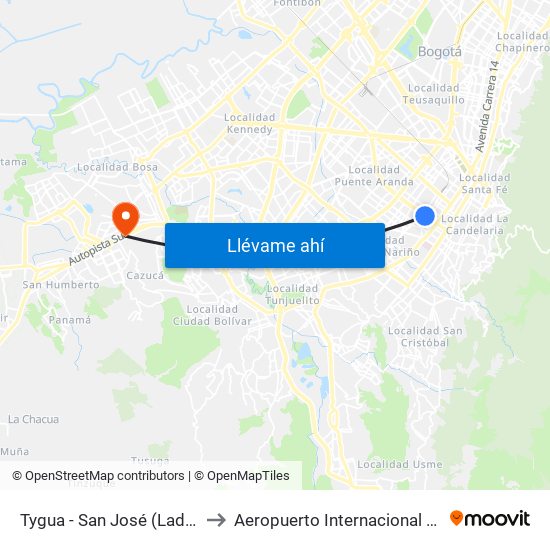 Tygua - San José (Lado Norte) to Aeropuerto Internacional El Dorado map