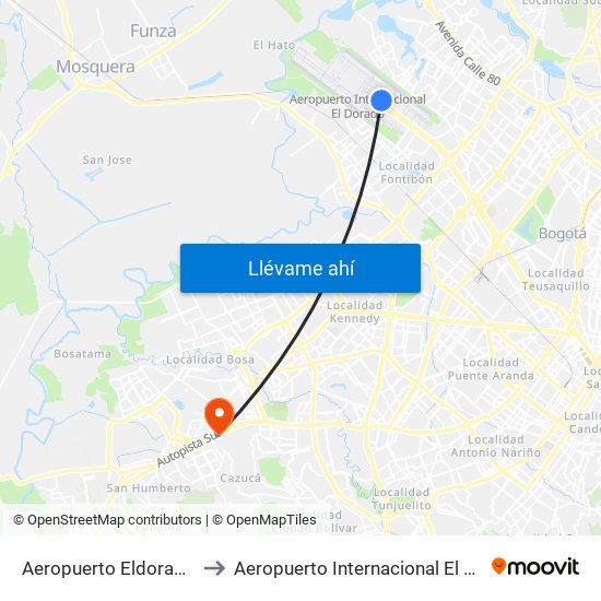 Aeropuerto Eldorado (B) to Aeropuerto Internacional El Dorado map