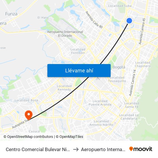 Centro Comercial Bulevar Niza (Ac 127 - Av. Suba) to Aeropuerto Internacional El Dorado map