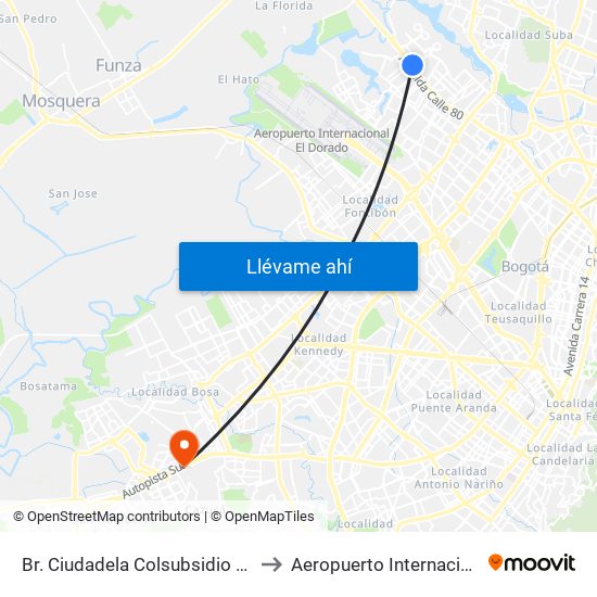 Br. Ciudadela Colsubsidio (Ac 80 - Kr 112a) to Aeropuerto Internacional El Dorado map