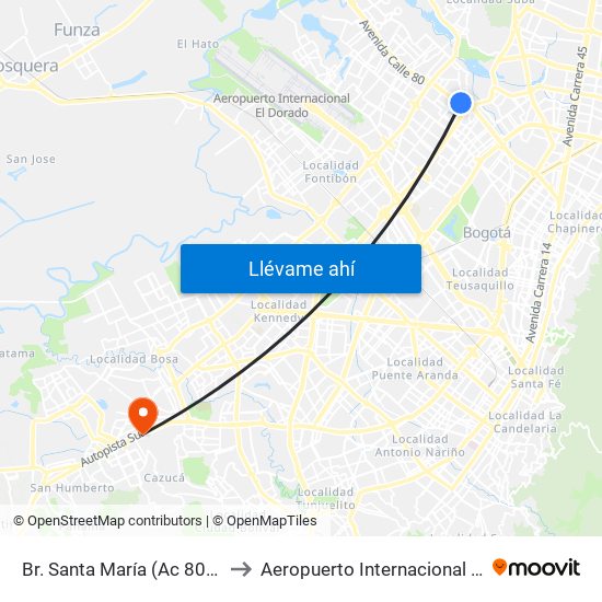 Br. Santa María (Ac 80 - Kr 73b) to Aeropuerto Internacional El Dorado map