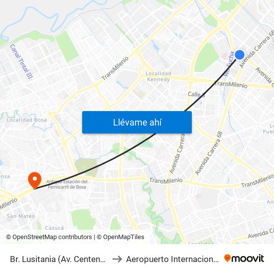 Br. Lusitania (Av. Centenario - Kr 68b) to Aeropuerto Internacional El Dorado map