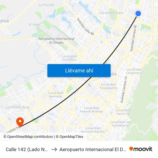 Calle 142 (Lado Norte) to Aeropuerto Internacional El Dorado map