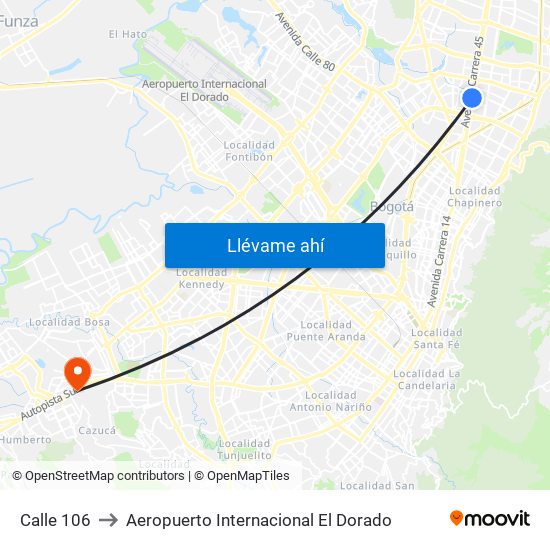 Calle 106 to Aeropuerto Internacional El Dorado map