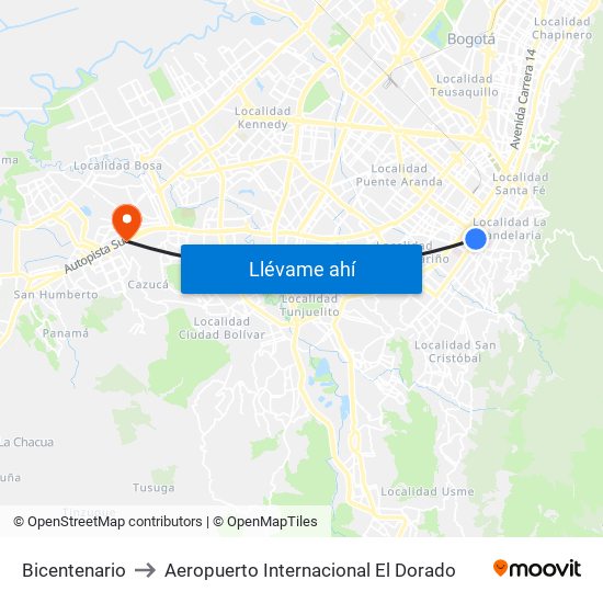 Bicentenario to Aeropuerto Internacional El Dorado map