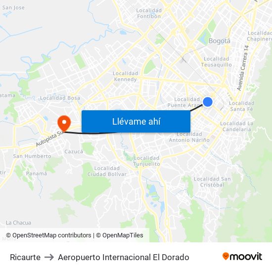 Ricaurte to Aeropuerto Internacional El Dorado map