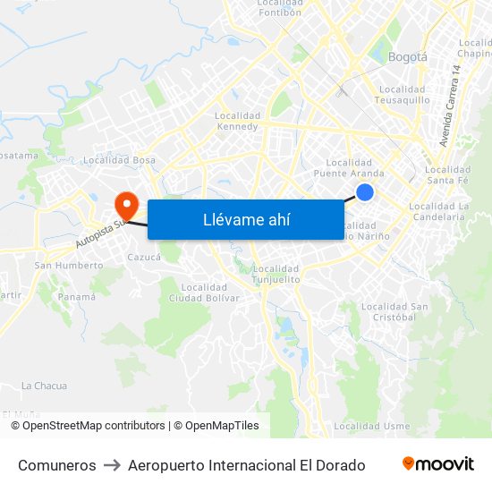 Comuneros to Aeropuerto Internacional El Dorado map