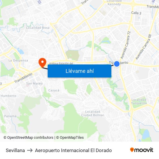 Sevillana to Aeropuerto Internacional El Dorado map
