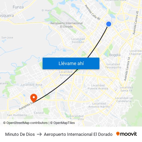 Minuto De Dios to Aeropuerto Internacional El Dorado map