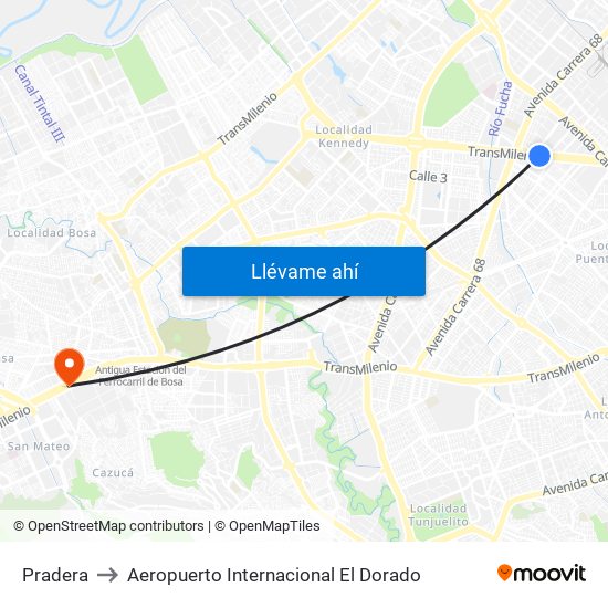 Pradera to Aeropuerto Internacional El Dorado map