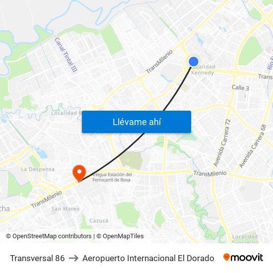 Transversal 86 to Aeropuerto Internacional El Dorado map