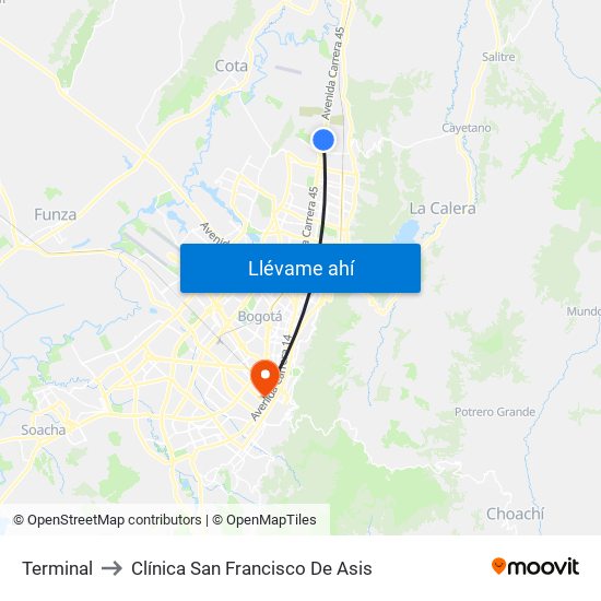 Terminal to Clínica San Francisco De Asis map