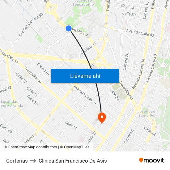Corferias to Clínica San Francisco De Asis map