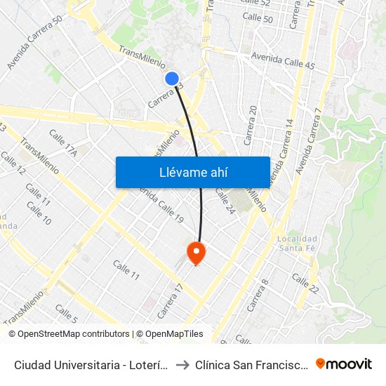 Ciudad Universitaria - Lotería De Bogotá to Clínica San Francisco De Asis map