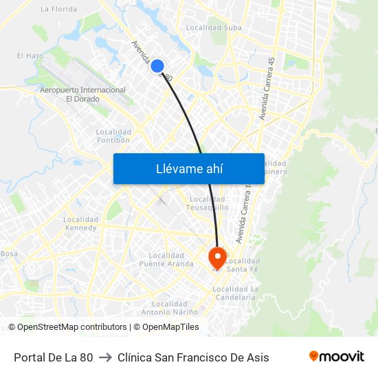 Portal De La 80 to Clínica San Francisco De Asis map