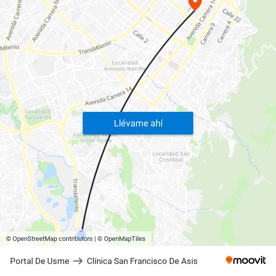 Portal De Usme to Clínica San Francisco De Asis map