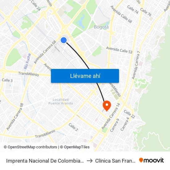 Imprenta Nacional De Colombia (Av. Esperanza - Kr 66) to Clínica San Francisco De Asis map