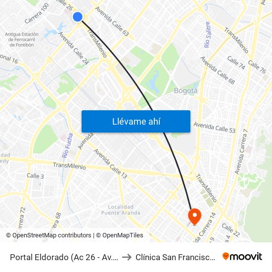 Portal Eldorado (Ac 26 - Av. C. De Cali) to Clínica San Francisco De Asis map