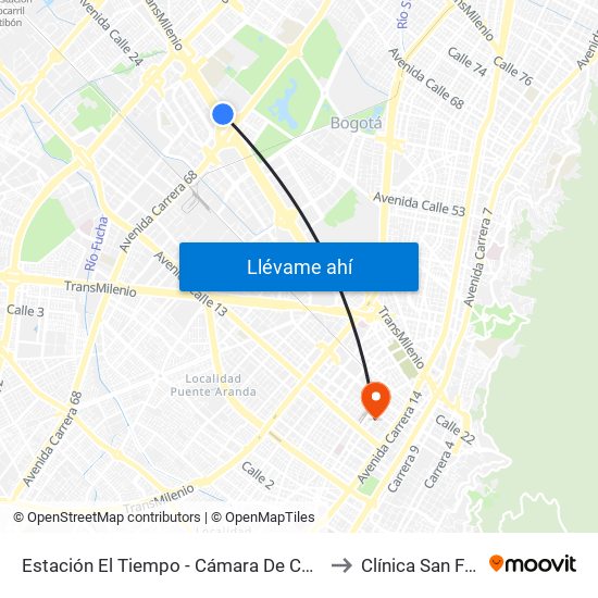 Estación El Tiempo - Cámara De Comercio De Bogotá (Ac 26 - Kr 68b Bis) to Clínica San Francisco De Asis map
