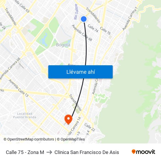 Calle 75 - Zona M to Clínica San Francisco De Asis map