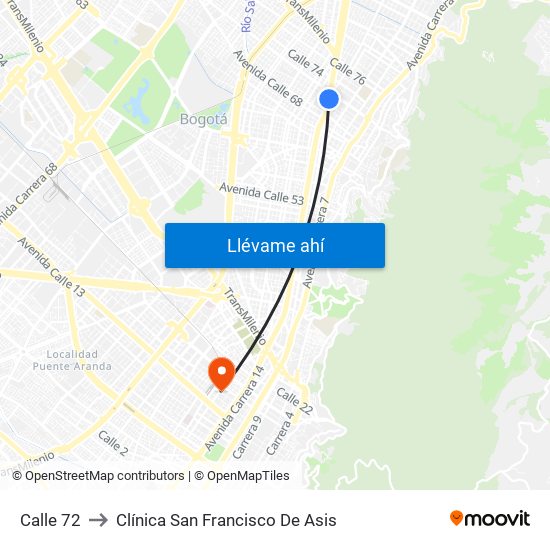 Calle 72 to Clínica San Francisco De Asis map