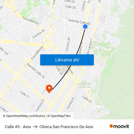 Calle 45 - Asw to Clínica San Francisco De Asis map